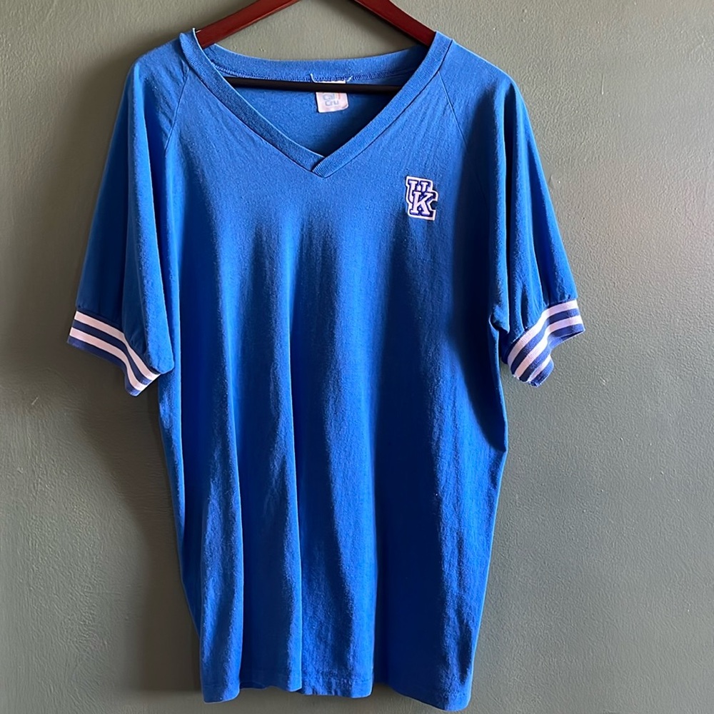 Cal Cru XL Vintage 70’s UK Baseball V-Neck T-Shirt Blue